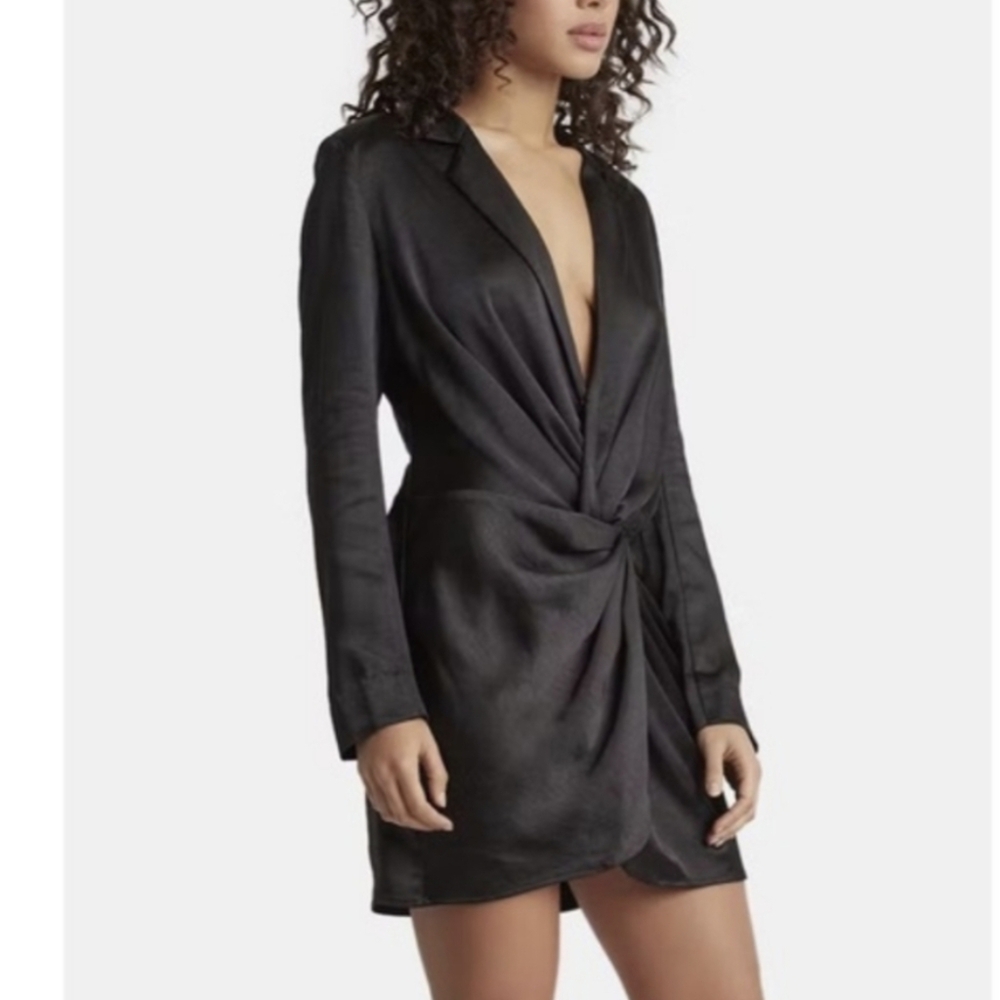 Choosy Black Long Sleeve Plunging Neck Gathered Twist Shirt Dress LBD
